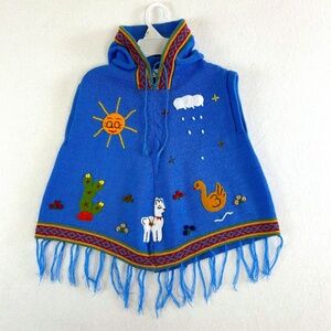 San York Kids Hooded Pullover Knit Poncho Felt Embroidered Size 6